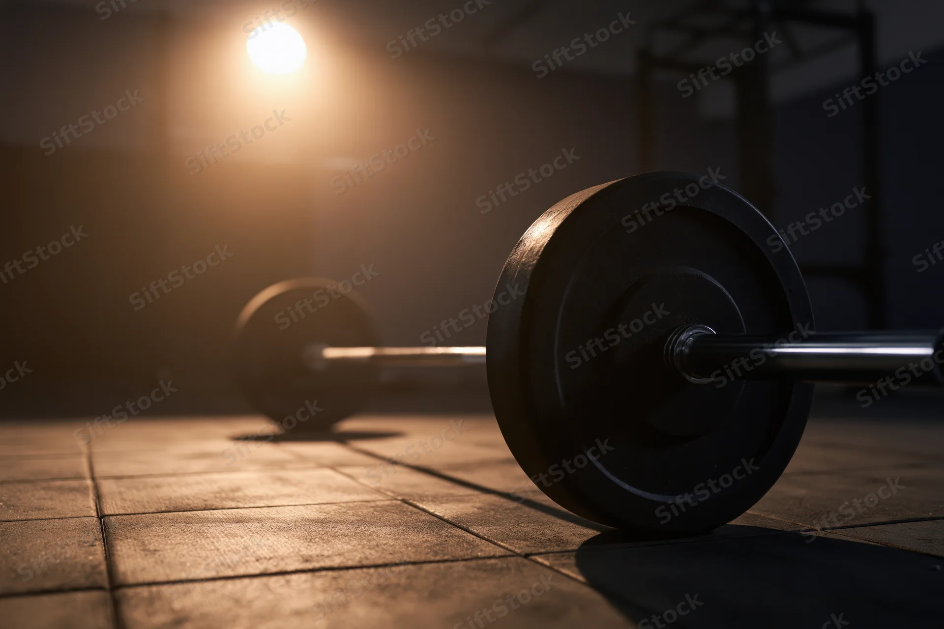 Loaded barbell resting on dark gym floor with rubber mat tiles under warm lighting