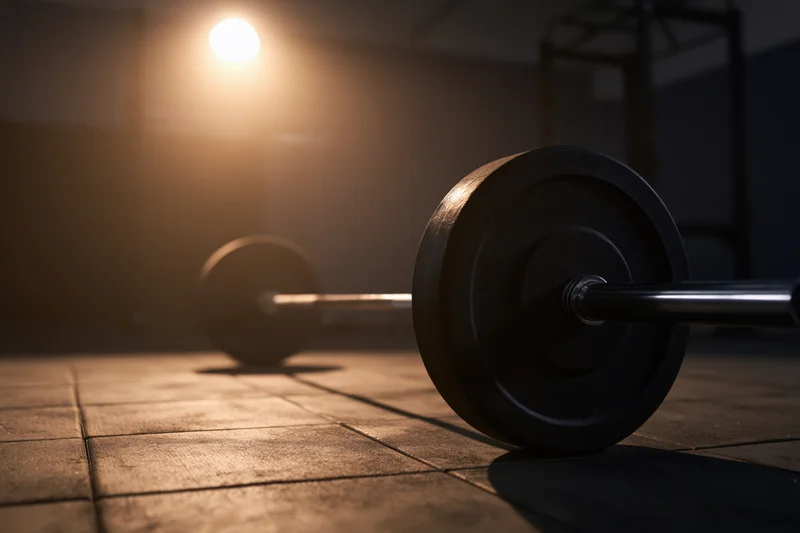Loaded barbell resting on dark gym floor with rubber mat tiles under warm lighting