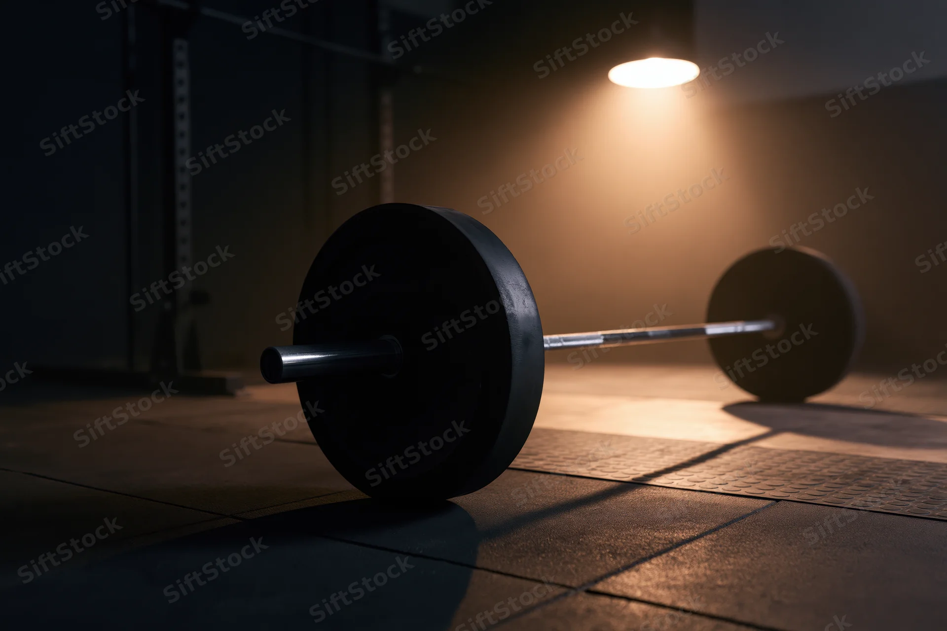 Loaded barbell resting on dark gym floor with rubber mat tiles under spotlight