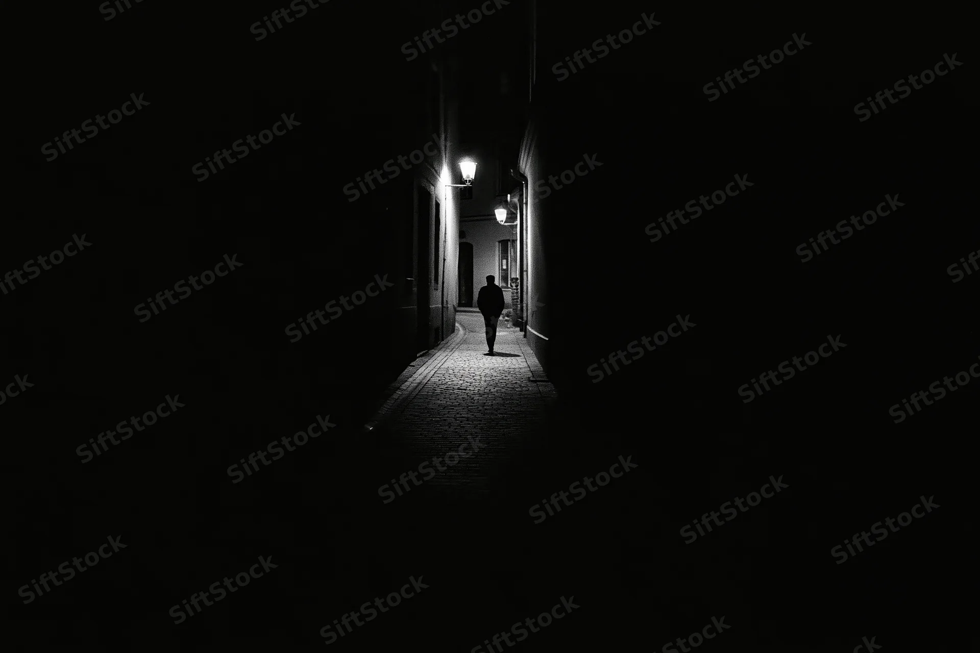 Silhouette of a person walking away down a narrow cobblestone alley at night