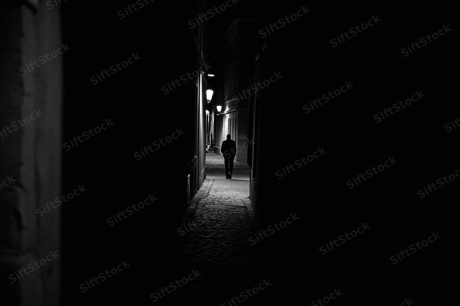 Silhouette of a person walking away down a narrow cobblestone alley at night