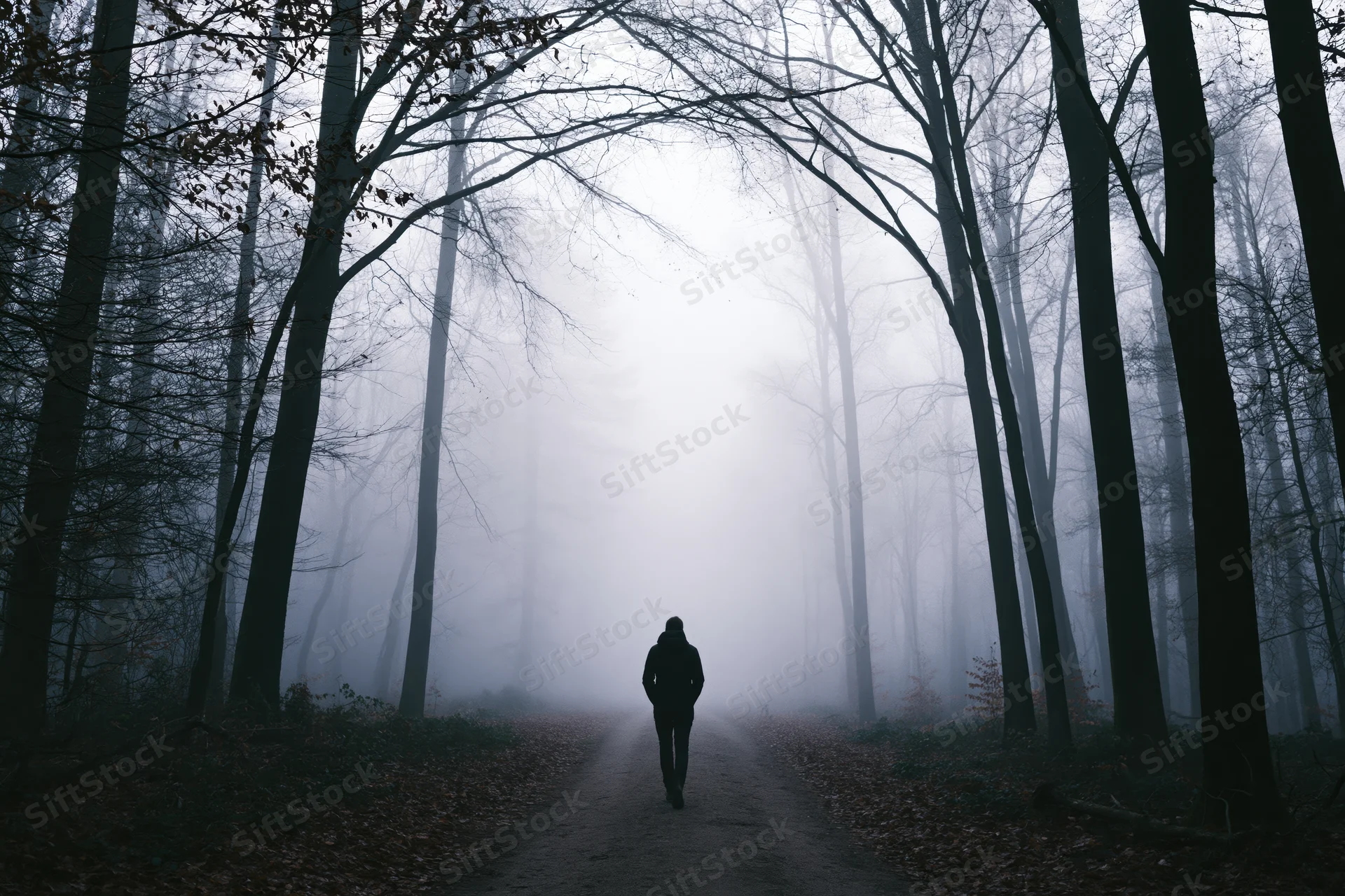 Silhouette of a person walking away on a narrow dirt path through a foggy forest