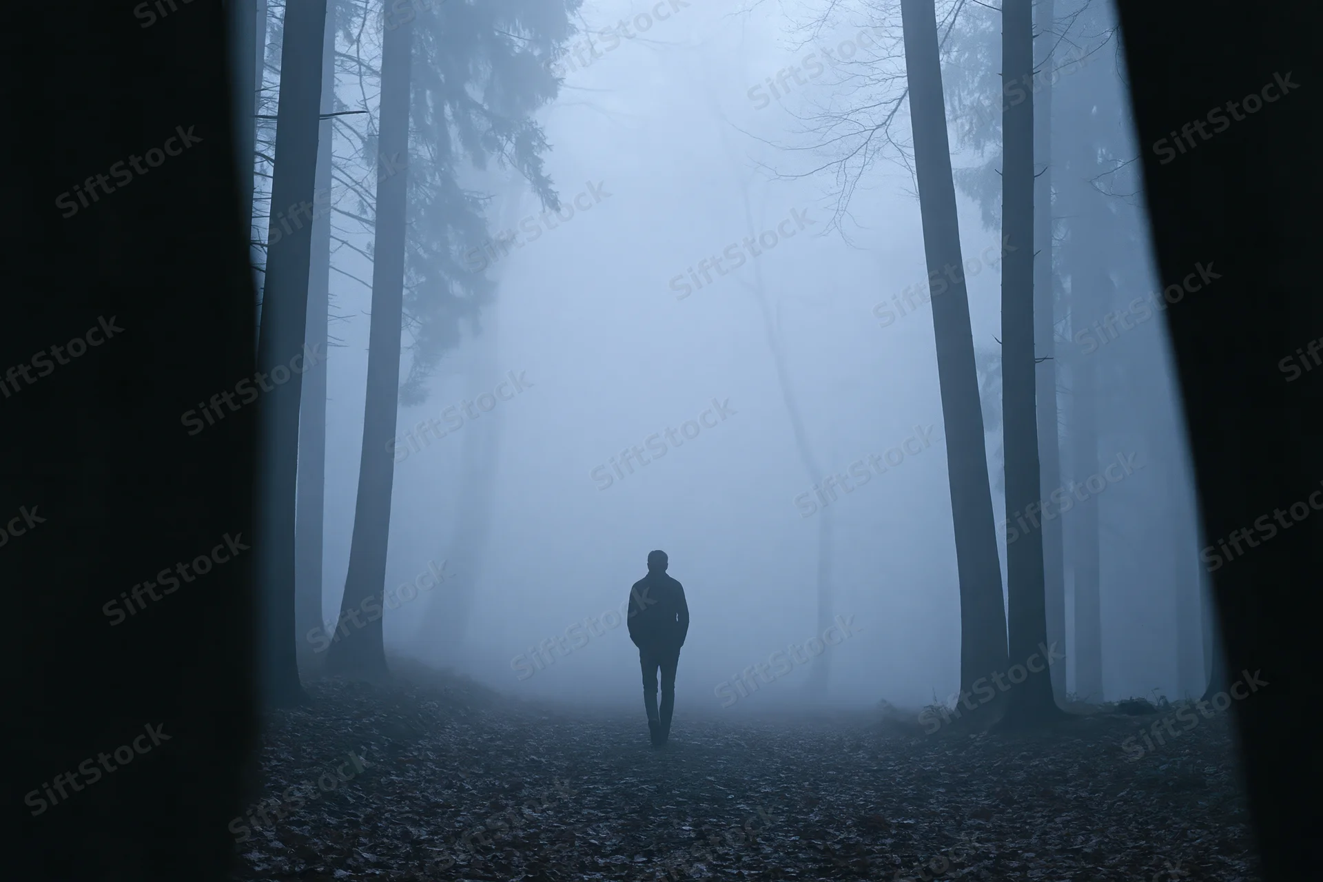 Man walking away on a foggy forest path lined with tall trees