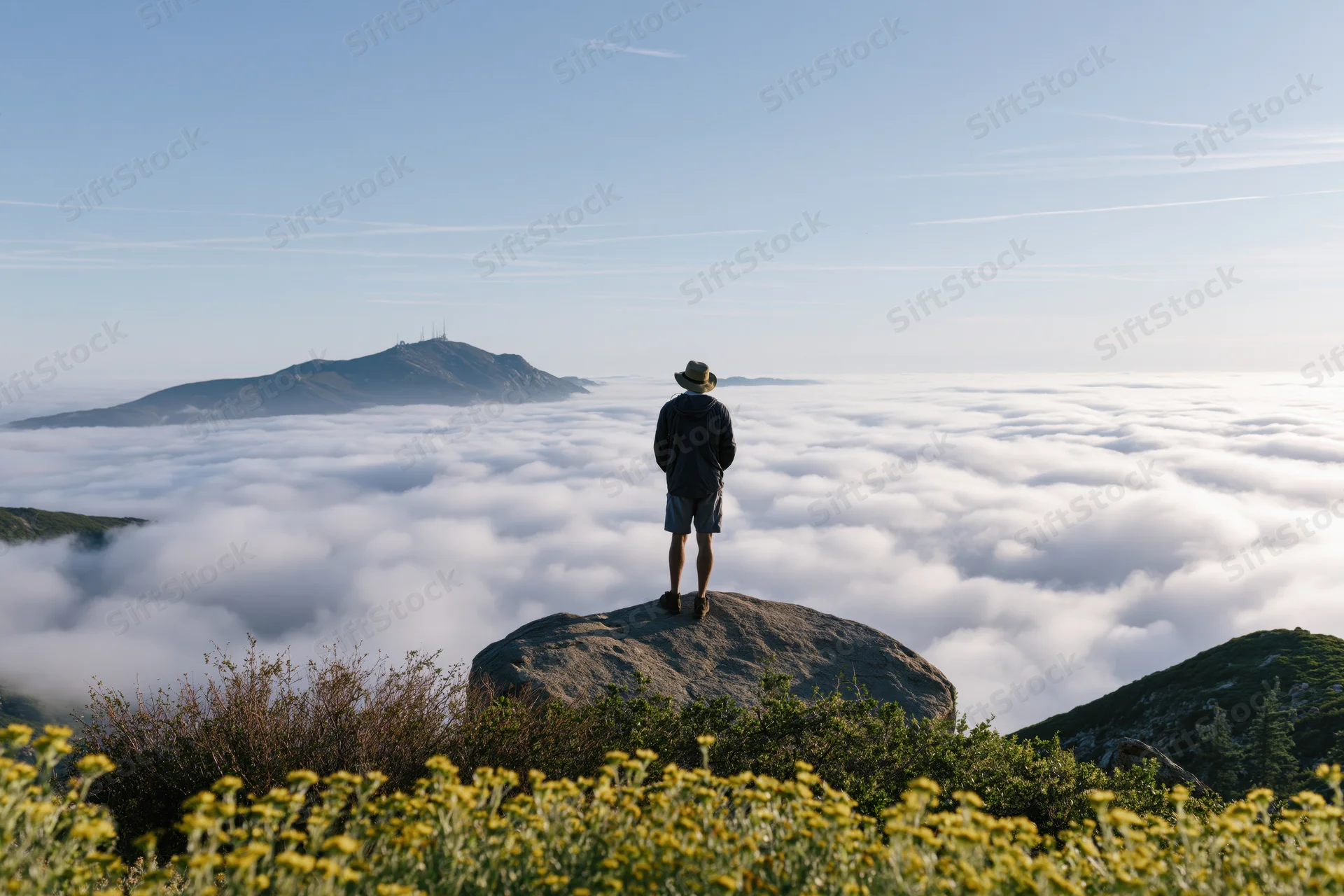 Hiker standing on a granite boulder overlooking a vast sea of clouds below a mountain peak