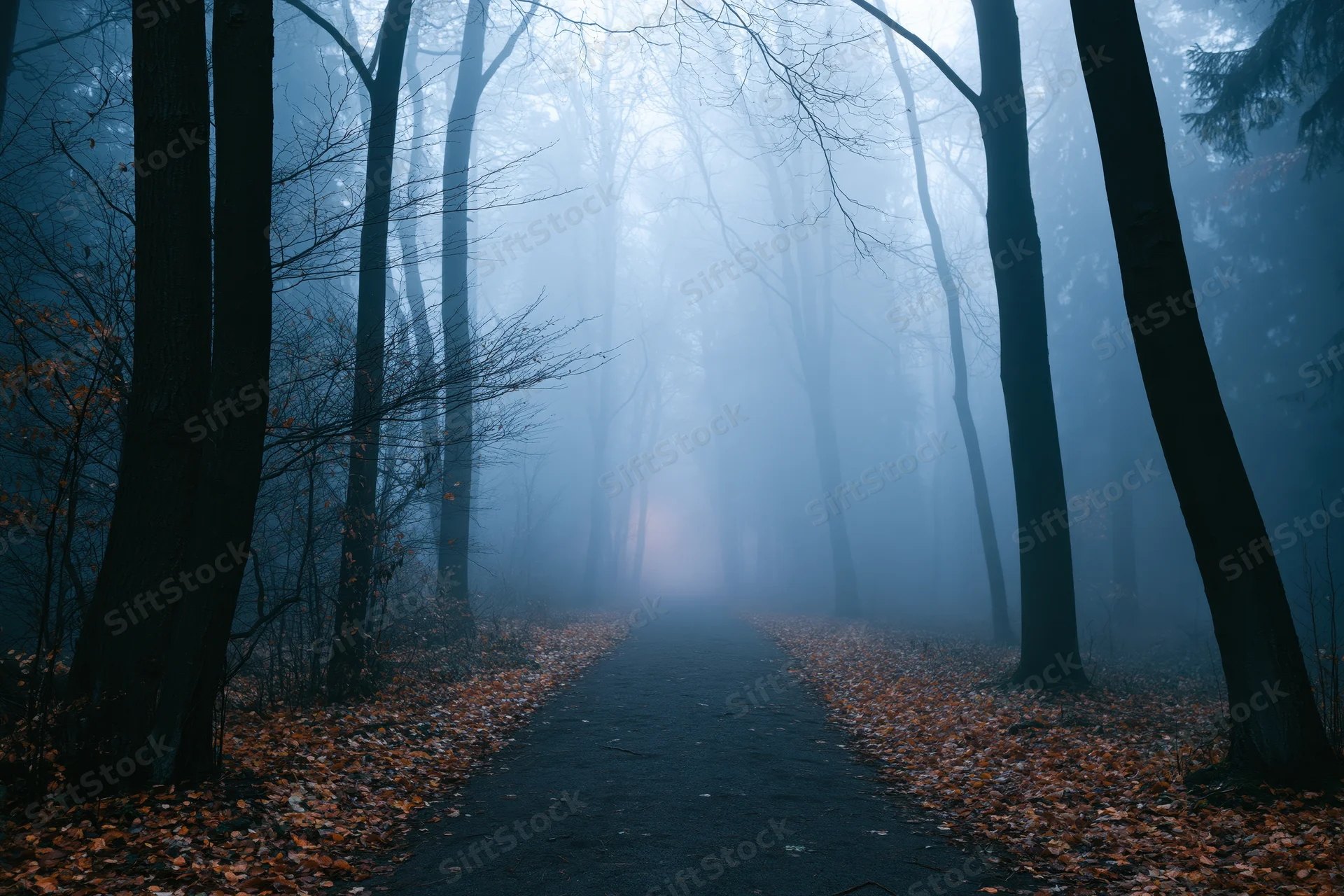 Misty forest path lined with bare trees and fallen leaves leading into dense fog