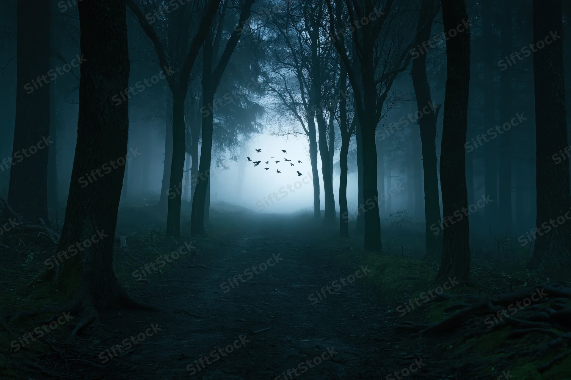 Narrow dirt path winding through dense dark forest at night with fog and flying birds in distance
