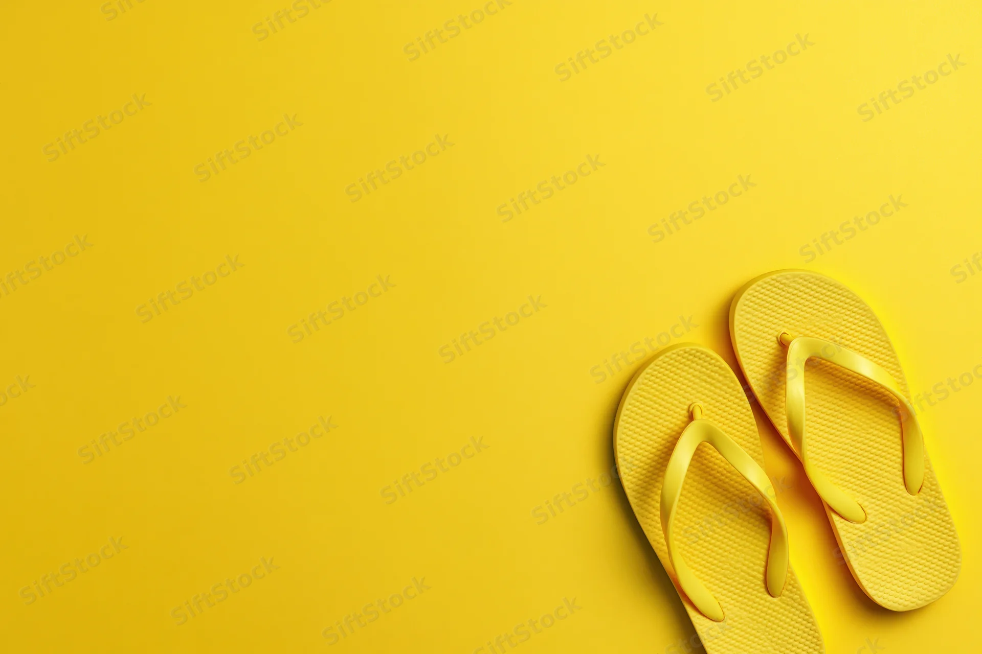 Yellow rubber flip-flops placed in bottom-right corner on matching yellow background
