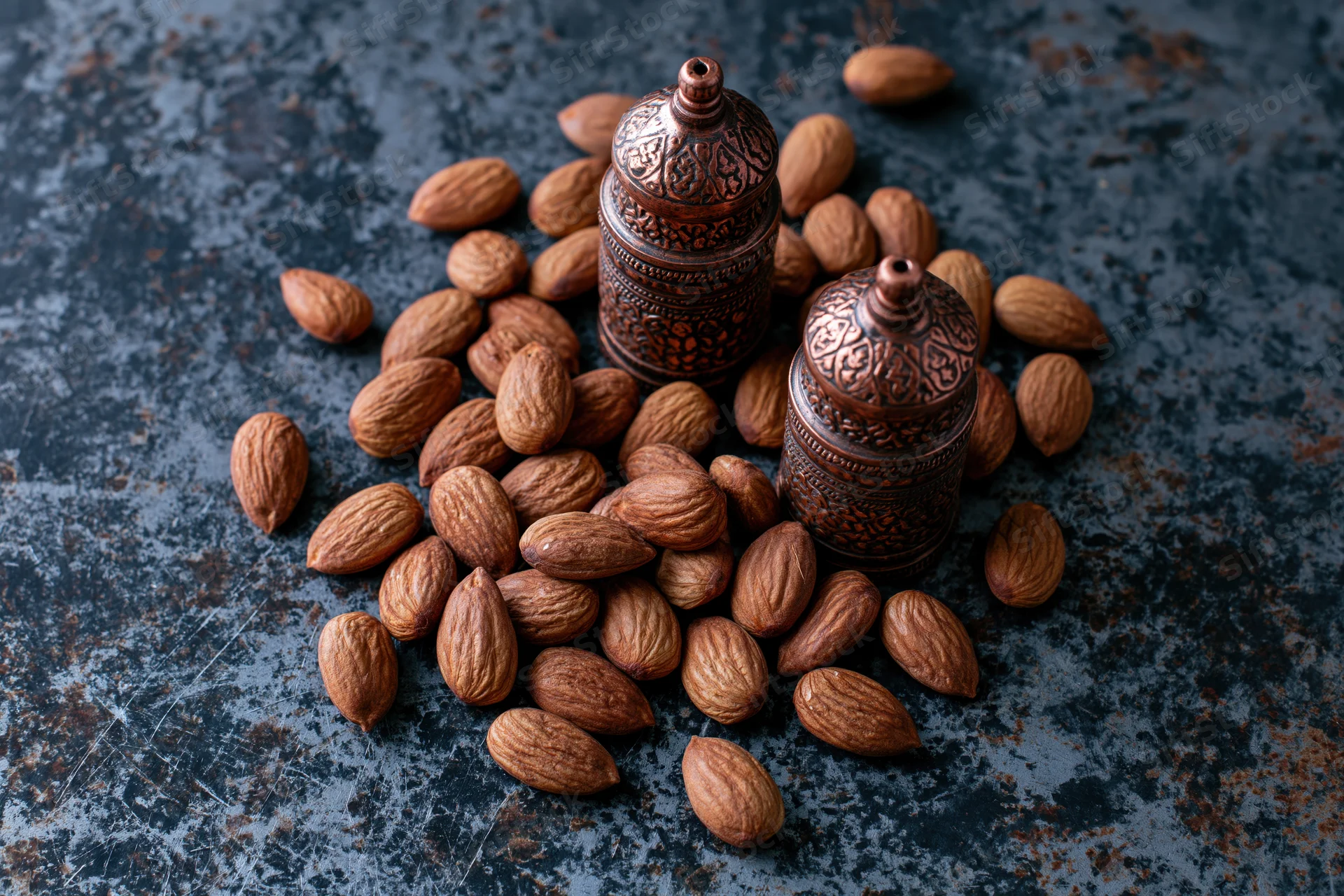 Whole unshelled almonds scattered around ornate copper containers on a dark textured surface