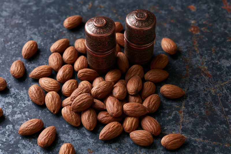 Whole unshelled almonds scattered around two stacked copper spice jars on a dark textured surface