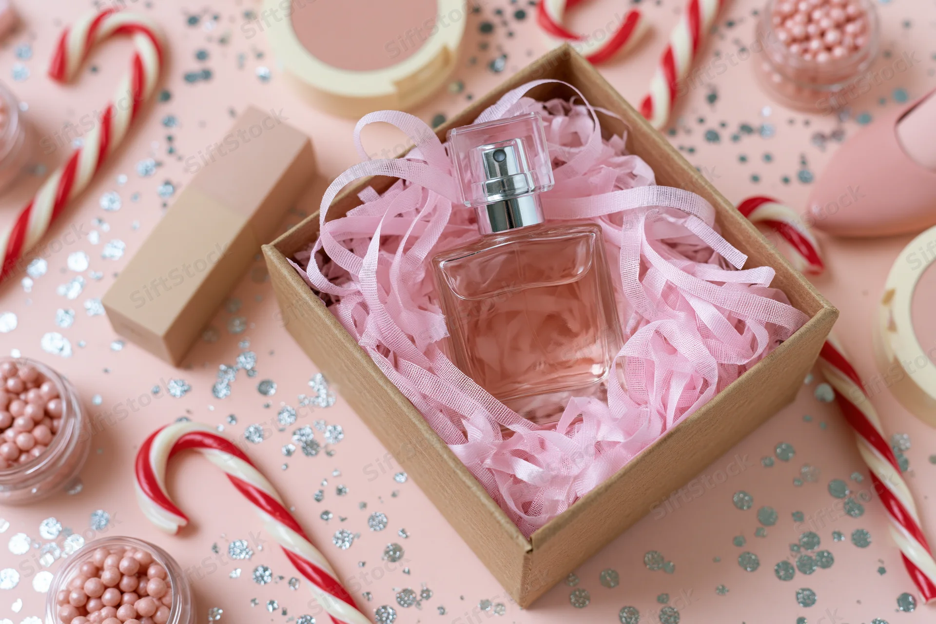 Pink perfume bottle in a kraft gift box surrounded by candy canes and glitter on a pink surface
