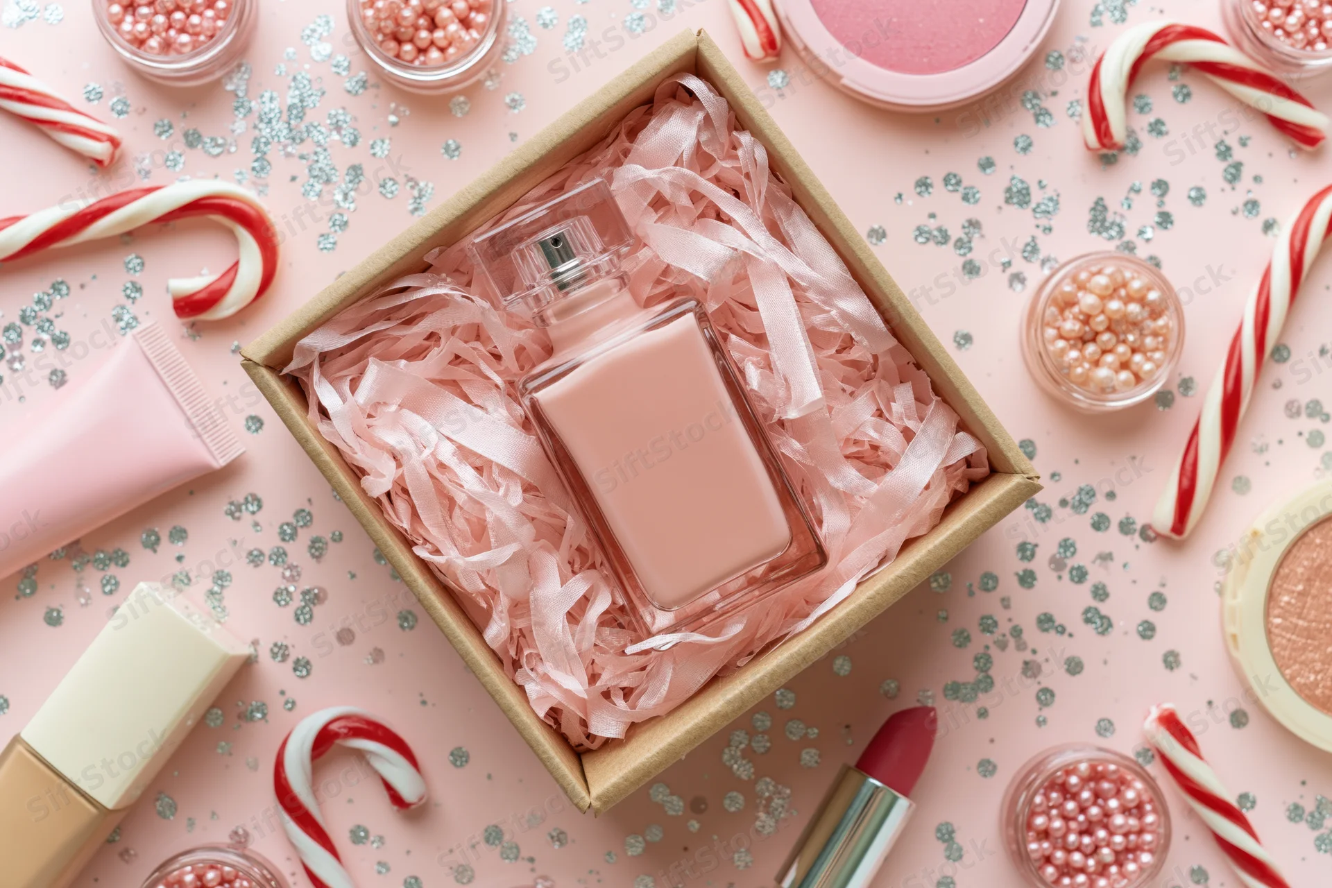 Pink perfume bottle in a kraft gift box surrounded by makeup and candy canes on a glittery pink surface