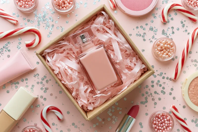 Pink perfume bottle in a kraft gift box surrounded by makeup and candy canes on a glittery pink surface