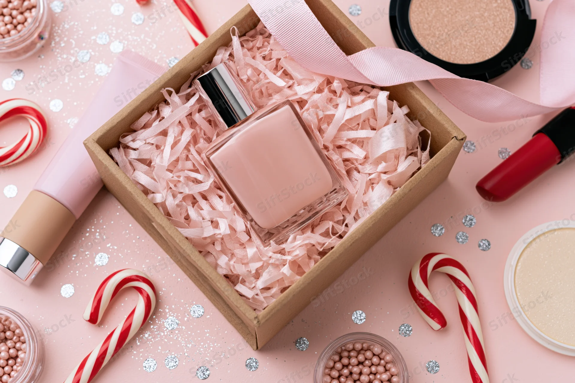 Pink perfume bottle in kraft gift box with ribbon and makeup on pink surface surrounded by candy canes and glitter