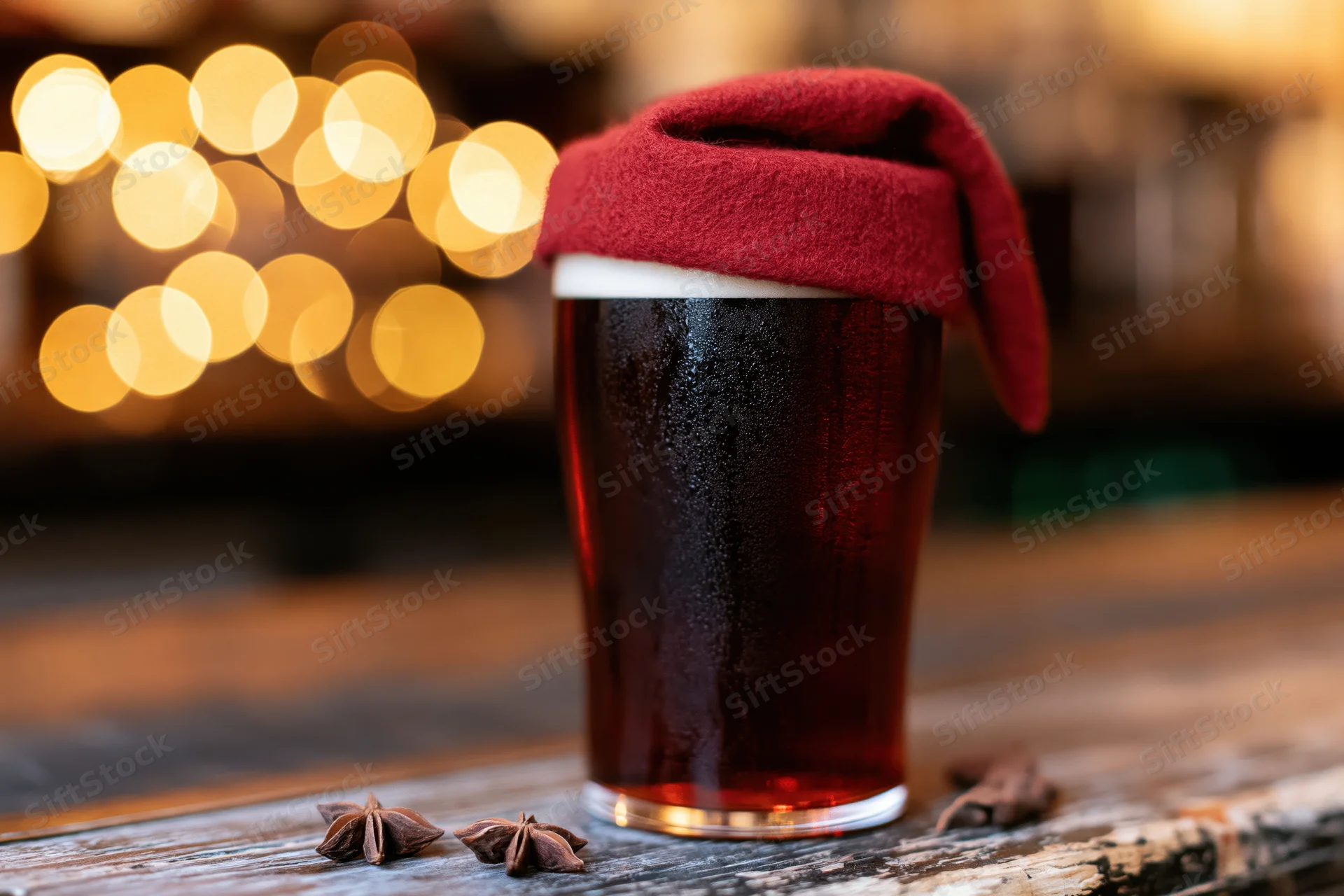 Pint glass of dark amber beer with red santa hat on wooden table near star anise spices