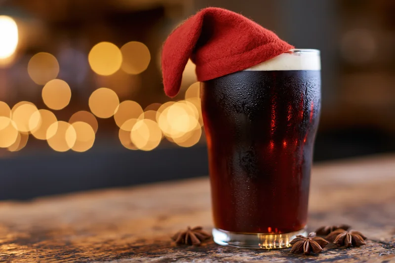 Dark amber beer in a pint glass with a small red santa hat on top, on a wooden table with star anise and warm bokeh lights behind