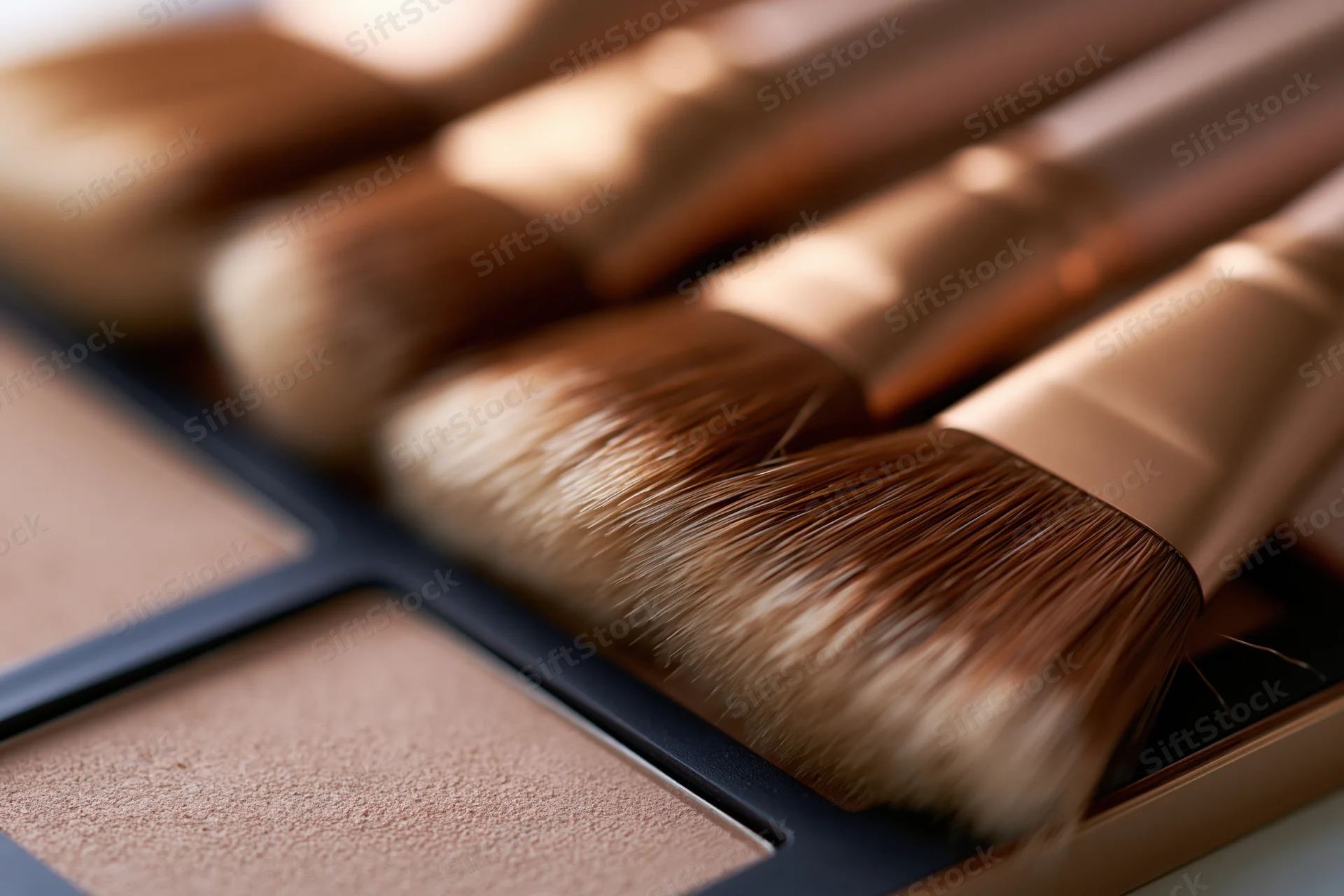 Makeup brushes with rose-gold handles resting across a compact palette