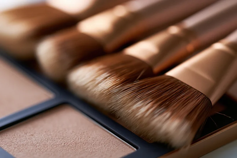 Makeup brushes with rose-gold handles resting across a compact palette