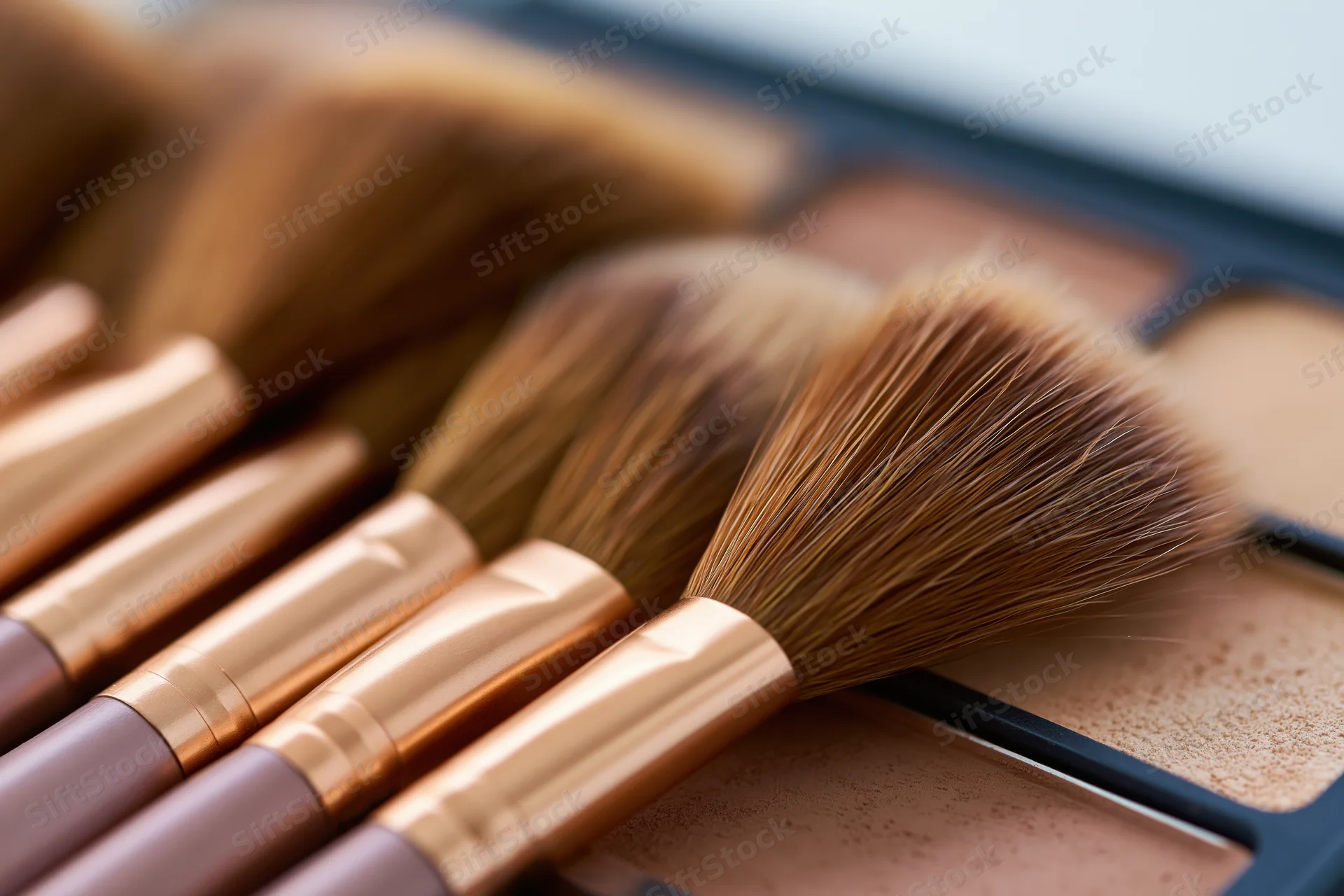 Makeup brushes with rose-gold handles resting across a palette of pressed powders