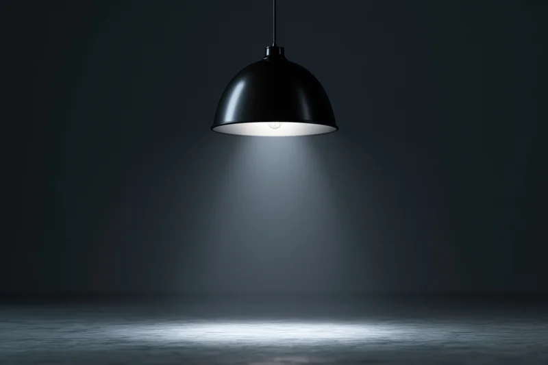 Black dome pendant lamp hanging from ceiling casting spotlight on dark floor