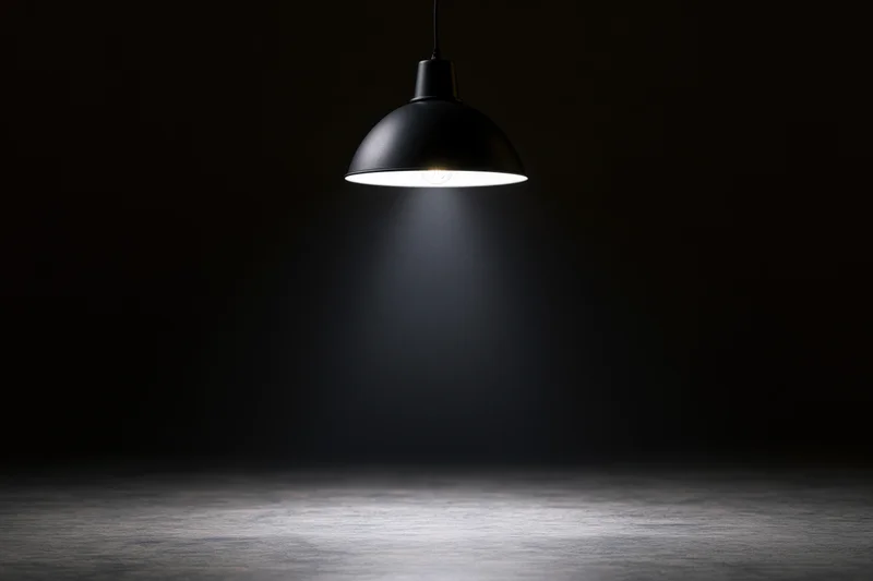 Black dome pendant lamp hanging from cord casting spotlight on concrete floor in dark space