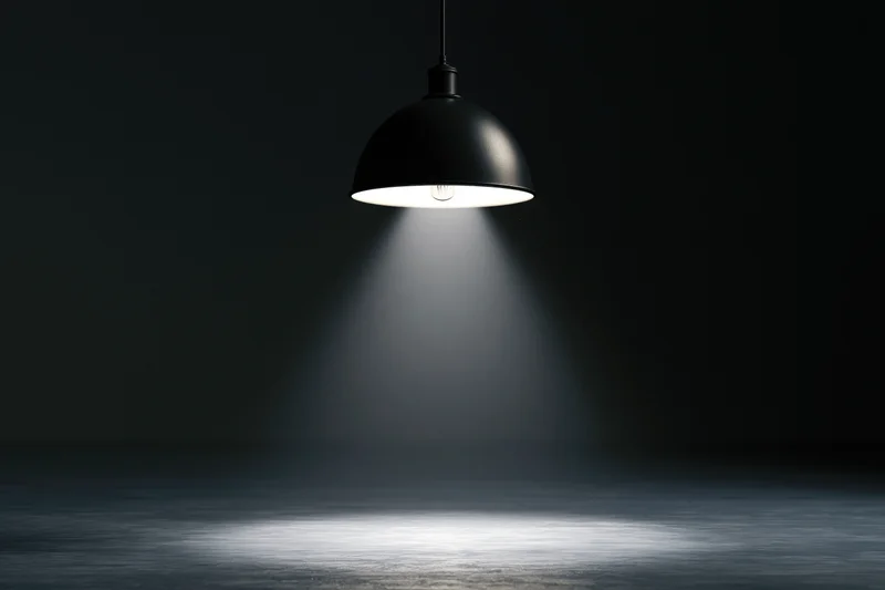 Black dome pendant lamp hanging from ceiling casting spotlight on dark floor