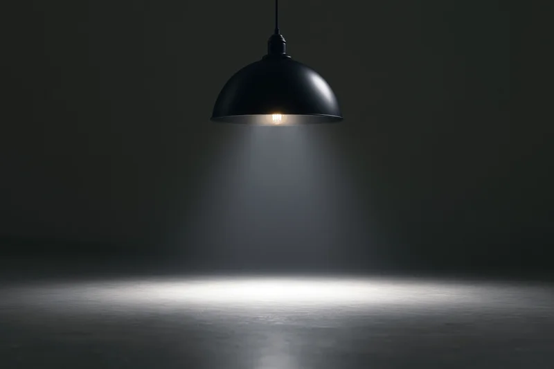 Black dome pendant lamp hanging from ceiling casting spotlight on dark floor