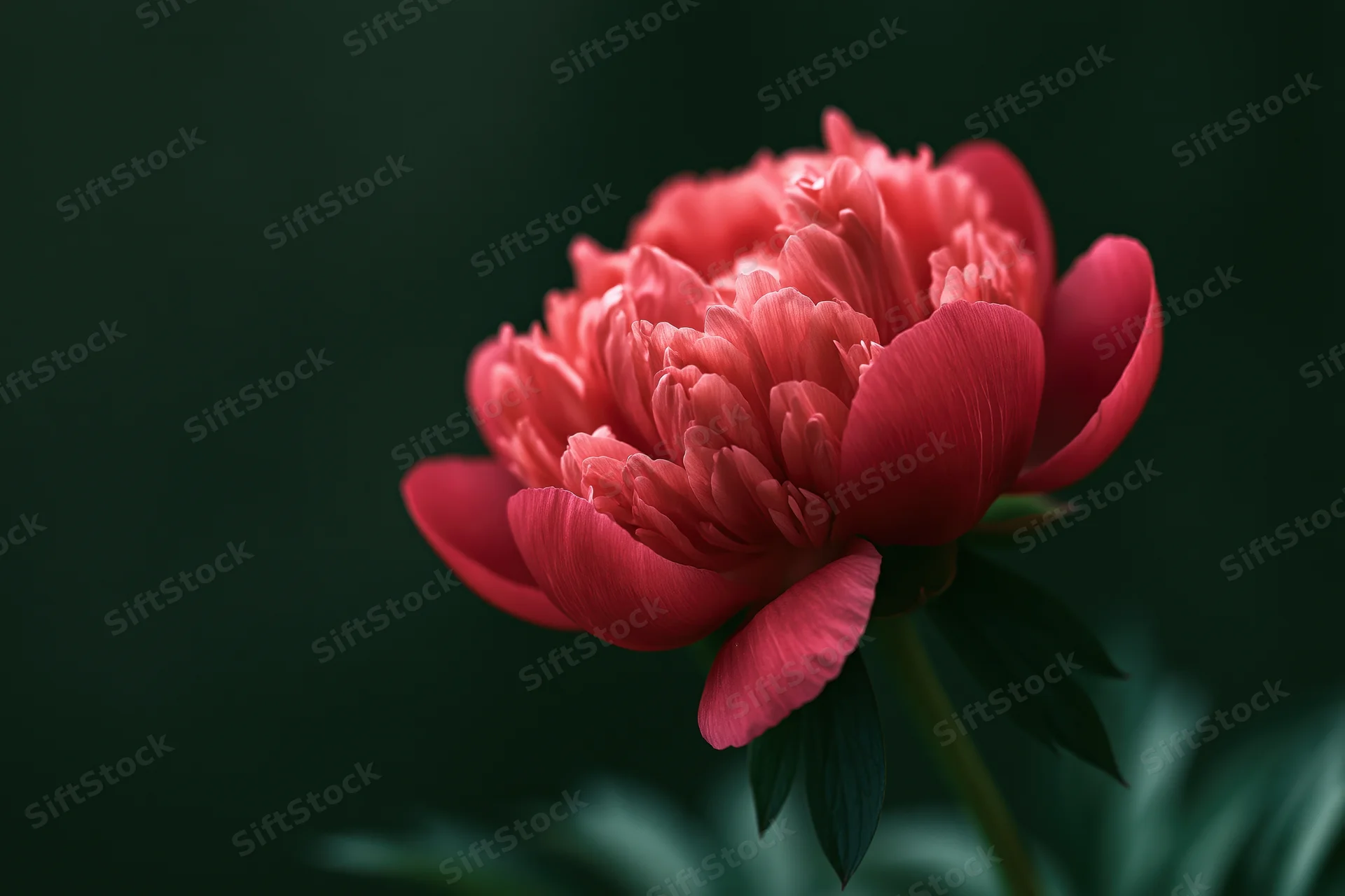 Coral-red peony bloom in closeup against dark background with green stem and leaves
