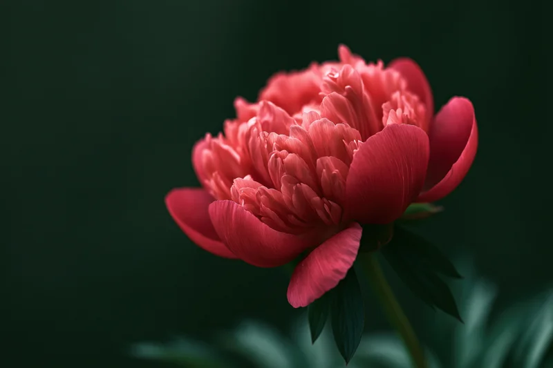 Coral-red peony bloom in closeup against dark background with green stem and leaves