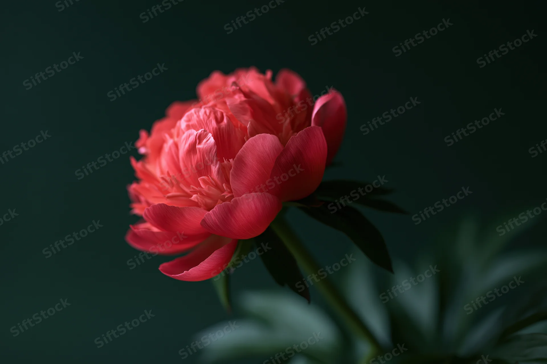 Coral-red peony bloom in closeup against dark background with soft lighting and green foliage