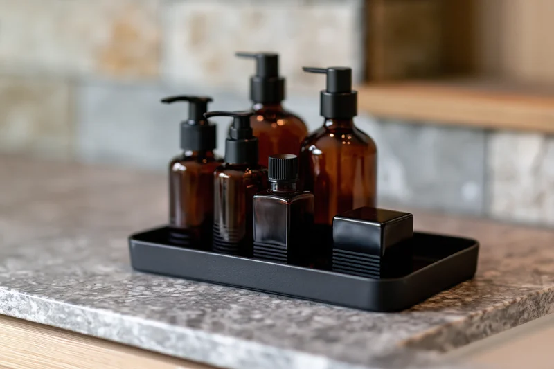Amber and black glass skincare bottles arranged on a black tray on a stone countertop