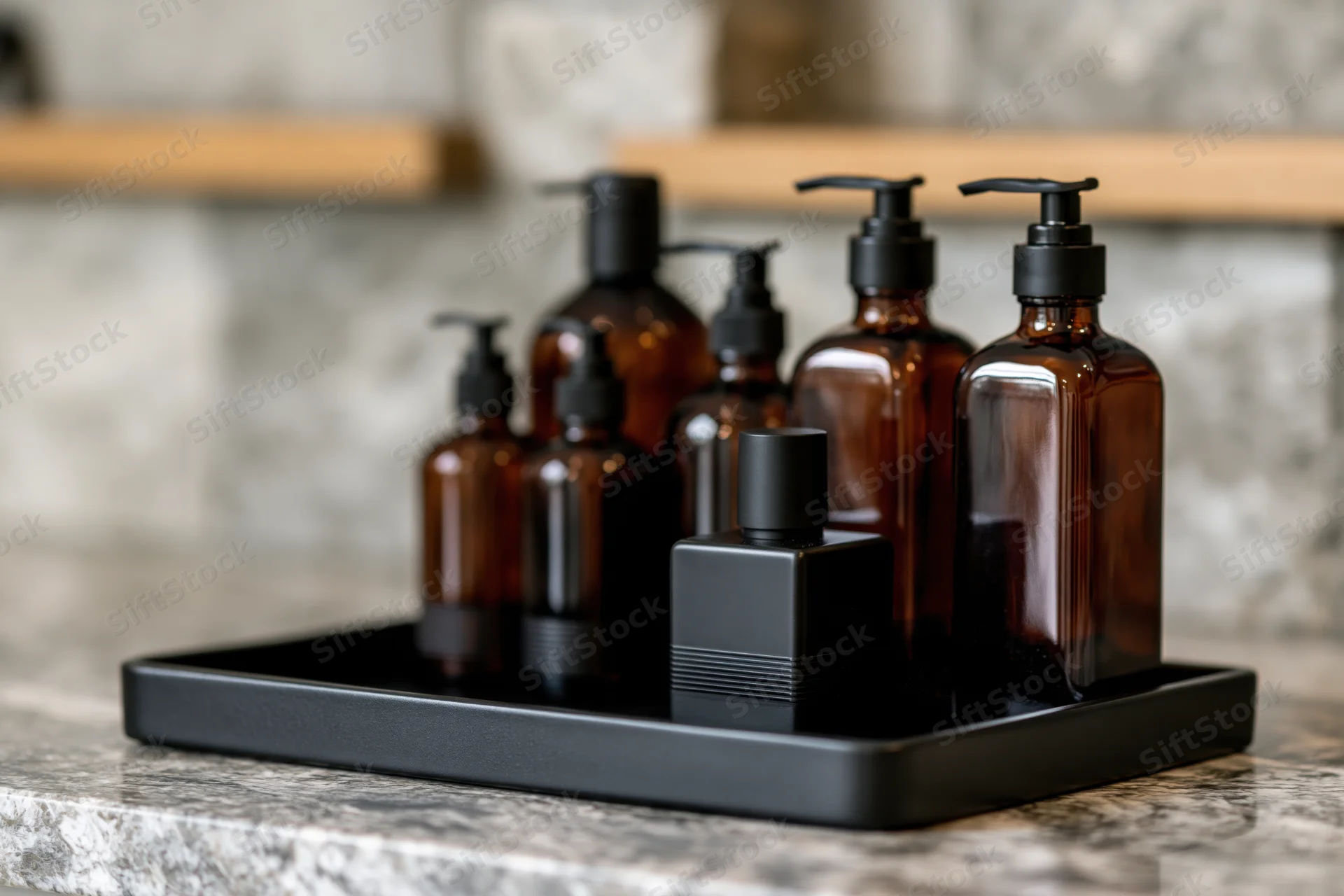 Amber and black glass skincare bottles arranged on a black tray on a marble countertop