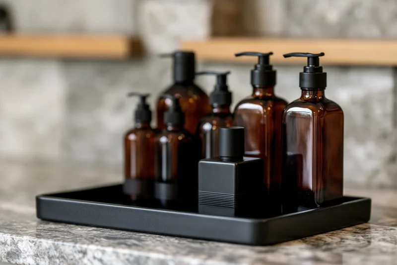 Amber and black glass skincare bottles arranged on a black tray on a marble countertop