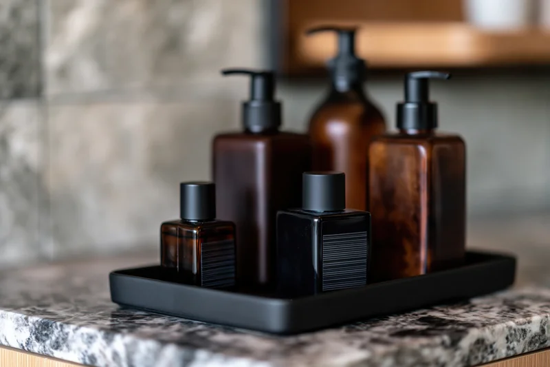 Dark amber and black glass skincare bottles arranged on a black tray on a marble countertop