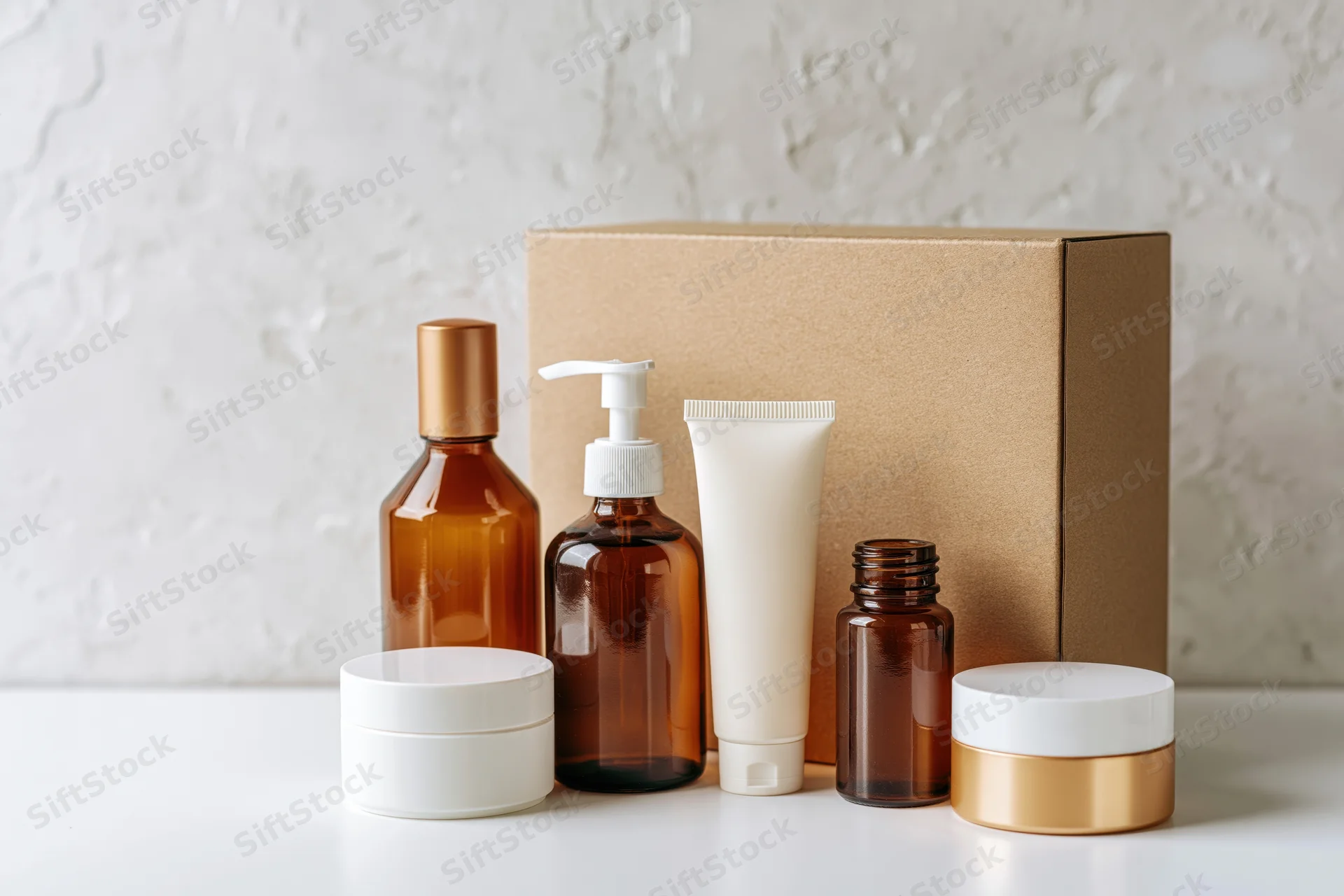 Skincare products arranged on white surface with cardboard box in background