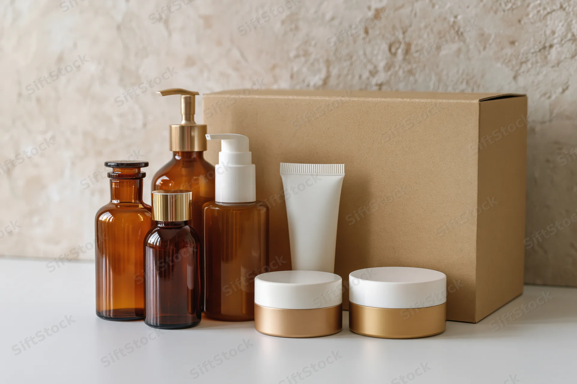 Skincare products arranged on a white surface with a cardboard box in the background