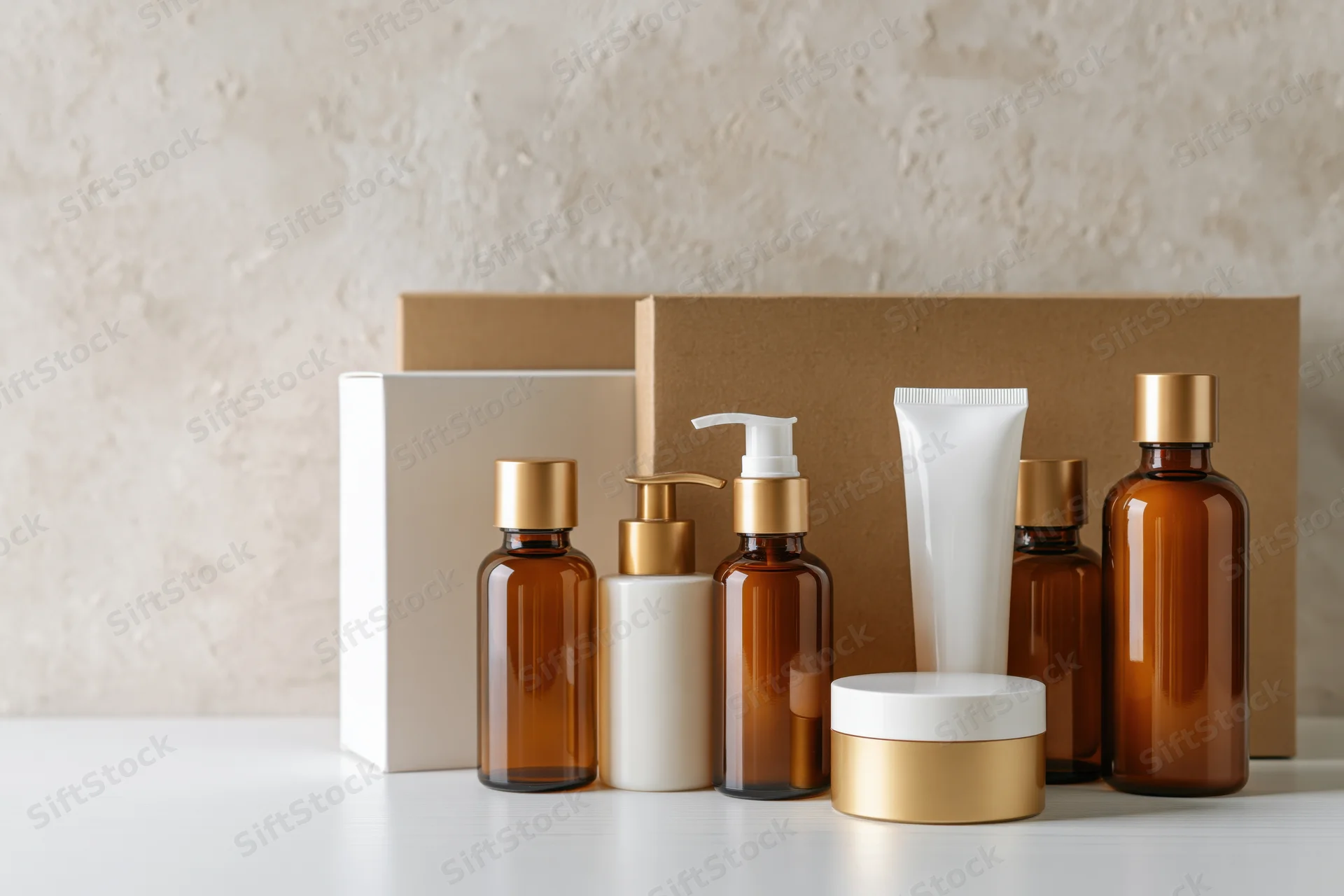 Skincare products arranged on a white surface with minimalist packaging and neutral tones