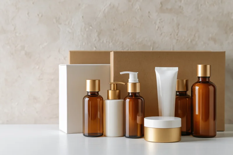 Skincare products arranged on a white surface with minimalist packaging and neutral tones