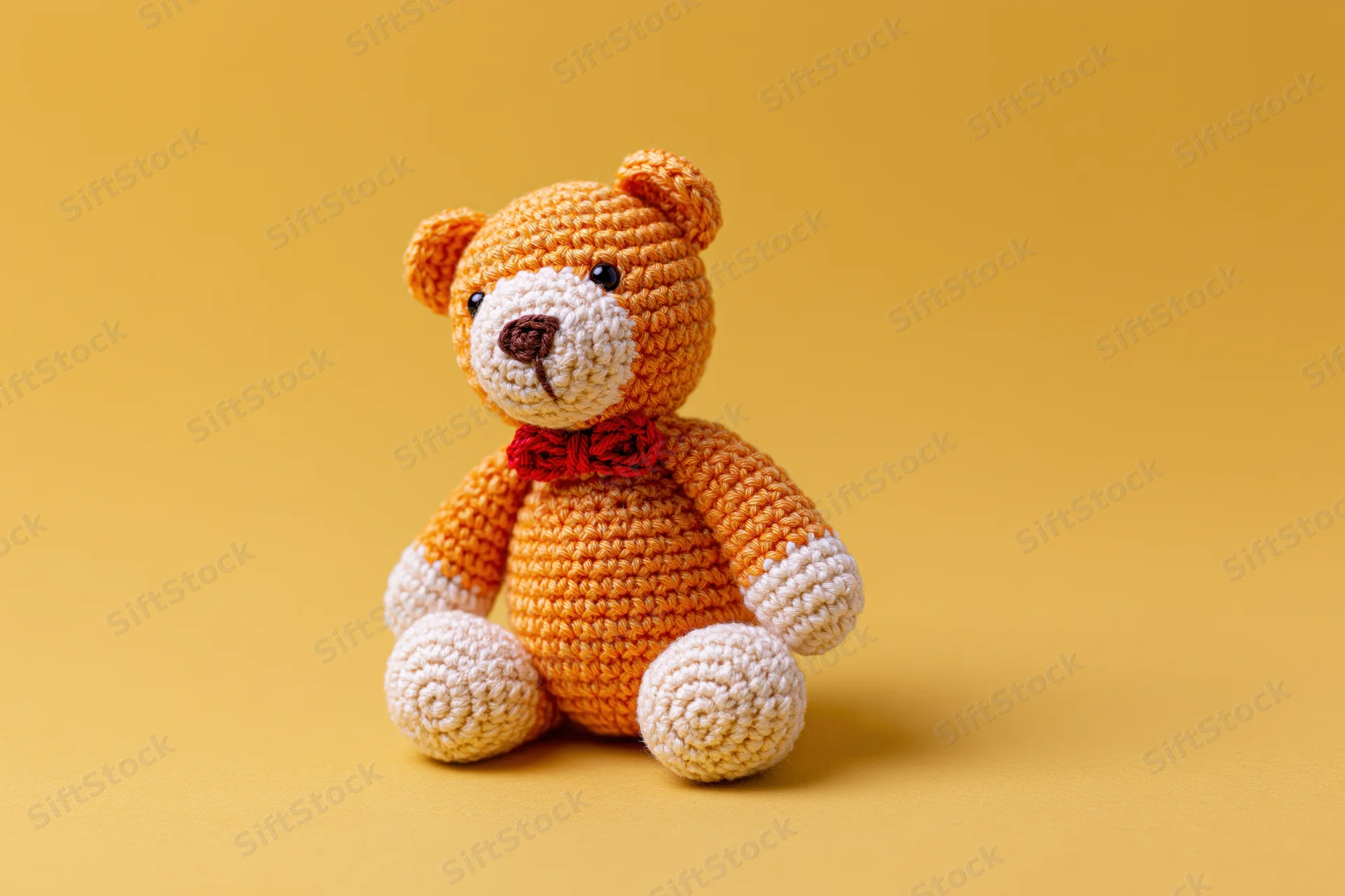 Crocheted amigurumi bear sitting upright on a yellow background