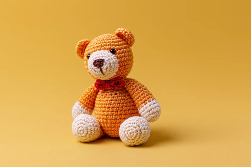 Crocheted amigurumi bear sitting upright on a yellow background