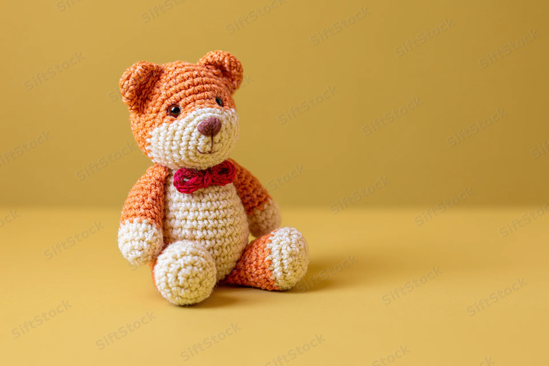 Crocheted amigurumi bear sitting upright on yellow surface with copyspace