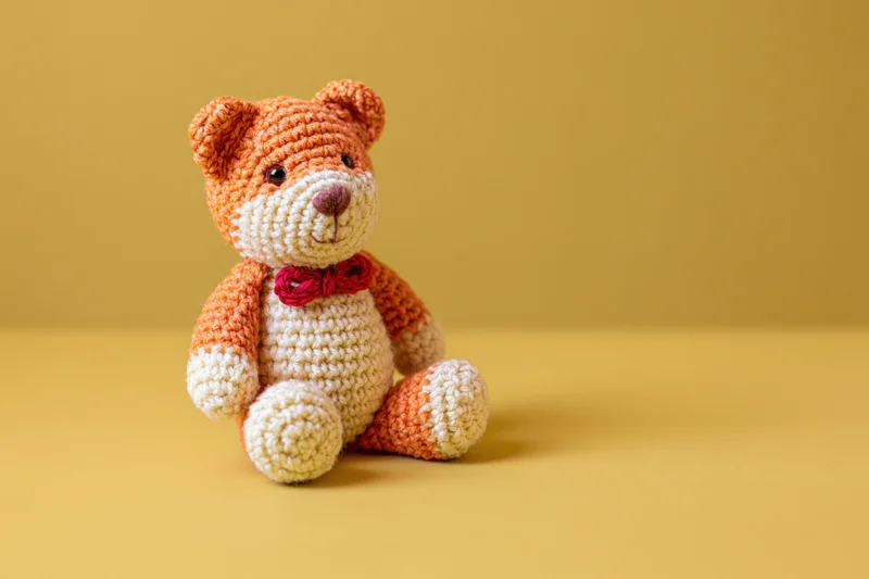 Crocheted amigurumi bear sitting upright on yellow surface with copyspace