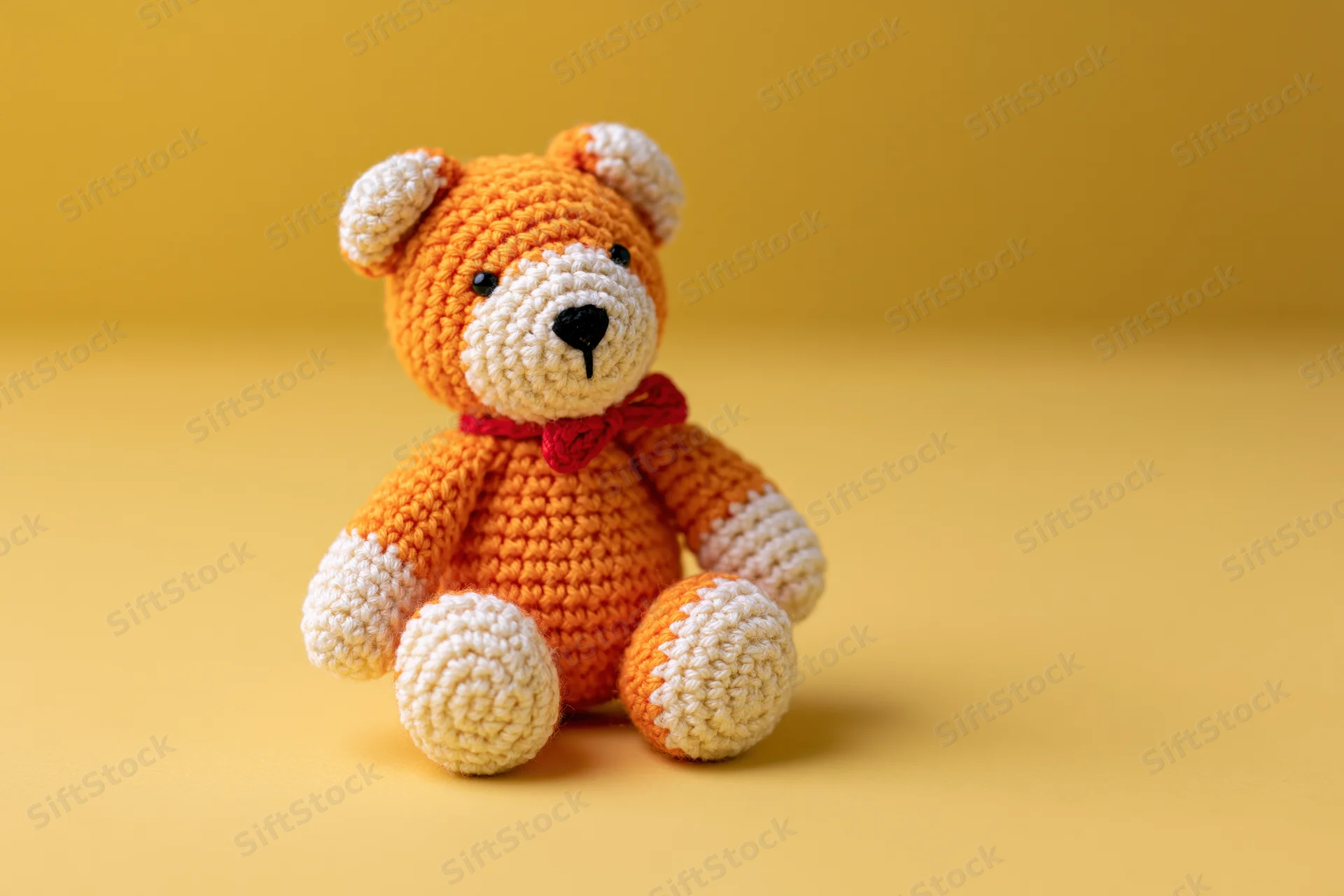 Crocheted amigurumi bear sitting upright on yellow surface with red bowtie