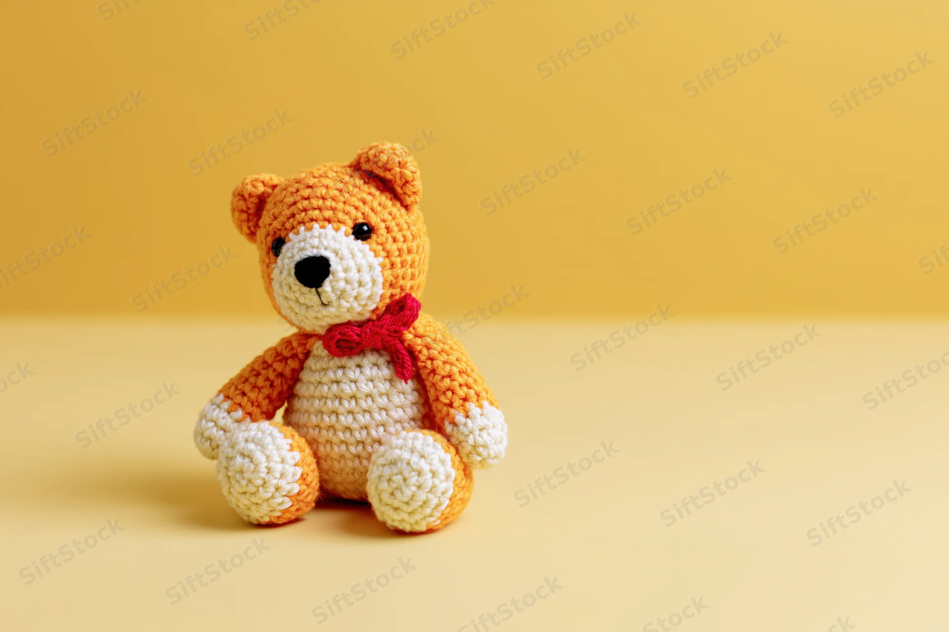 Small crocheted amigurumi bear sitting upright on yellow surface with copyspace