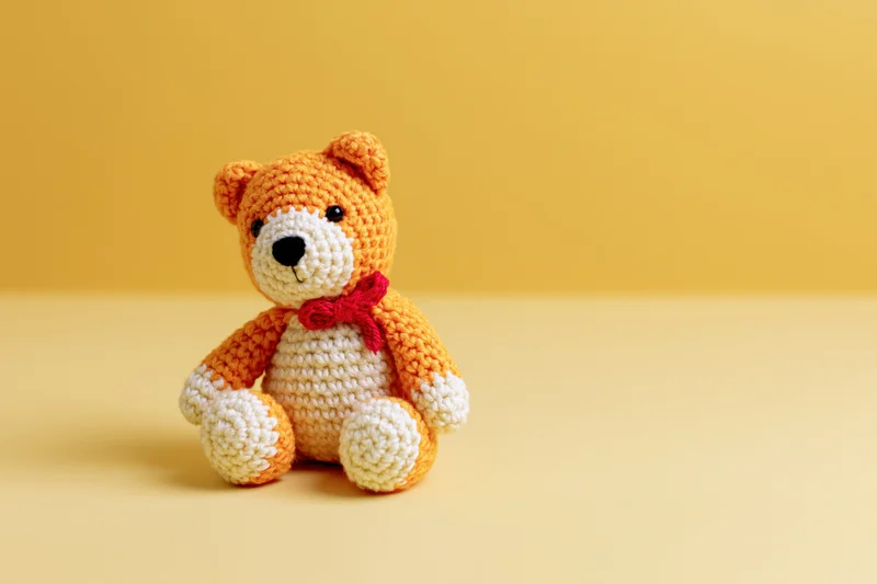Small crocheted amigurumi bear sitting upright on yellow surface with copyspace