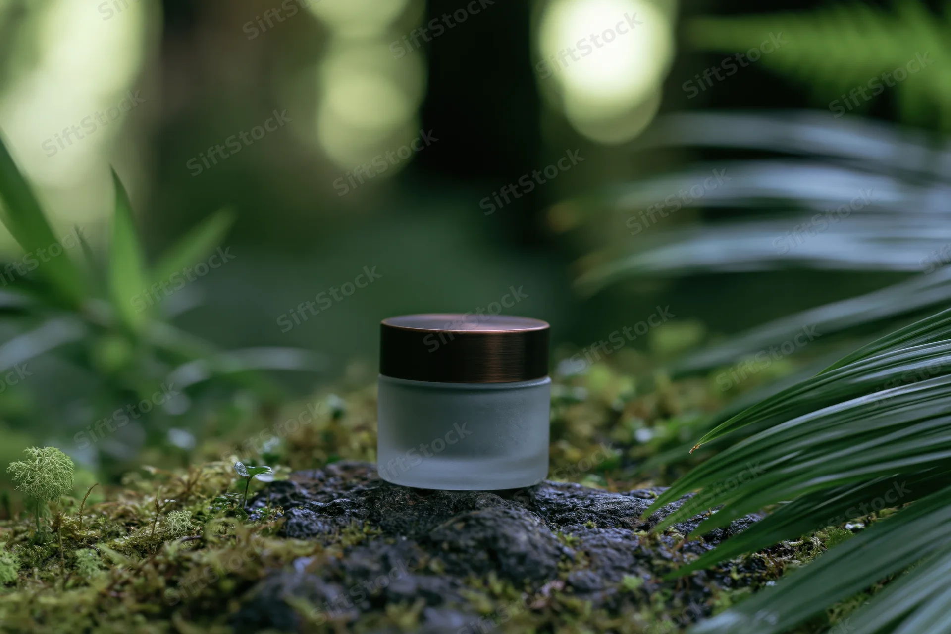 Small frosted glass cosmetic cream jar with a dark bronze lid