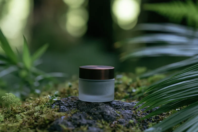 Small frosted glass cosmetic cream jar with a dark bronze lid