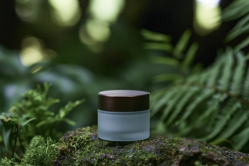 Frosted glass cosmetic jar with bronze lid resting on mossy rock in forest setting