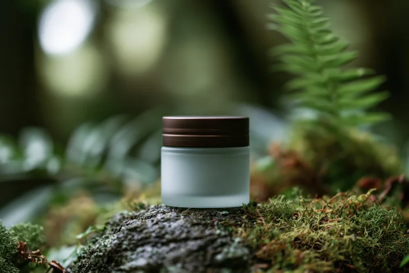 Frosted glass cosmetic jar with bronze lid resting on mossy rock in forest setting