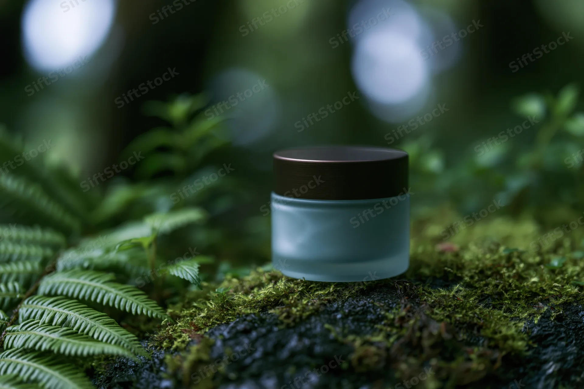 Frosted glass cosmetic cream jar with bronze lid resting on mossy rock in forest surrounded by ferns