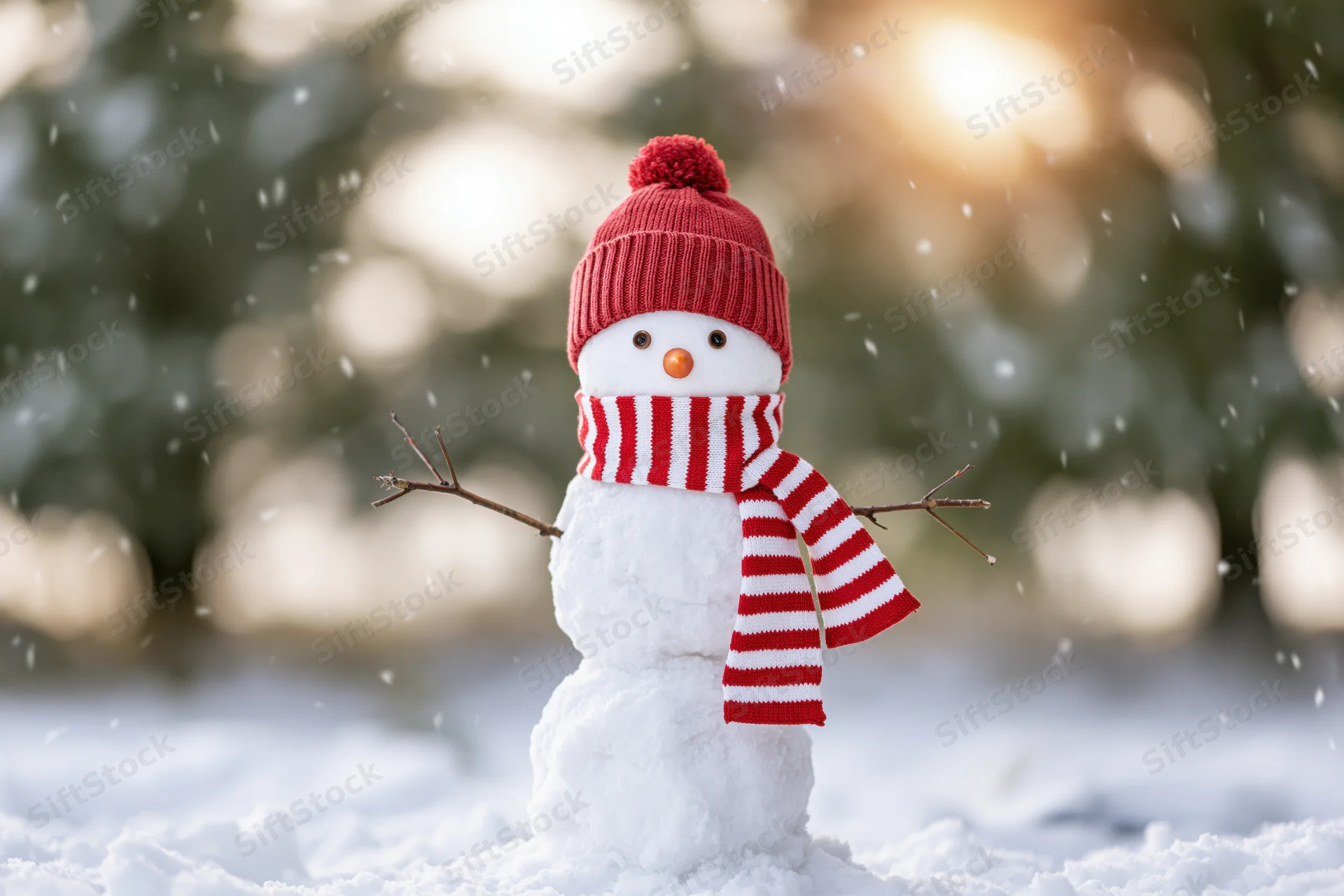 Small snowman wearing red knit hat and striped scarf standing in fresh snow with falling snow and blurred forest background